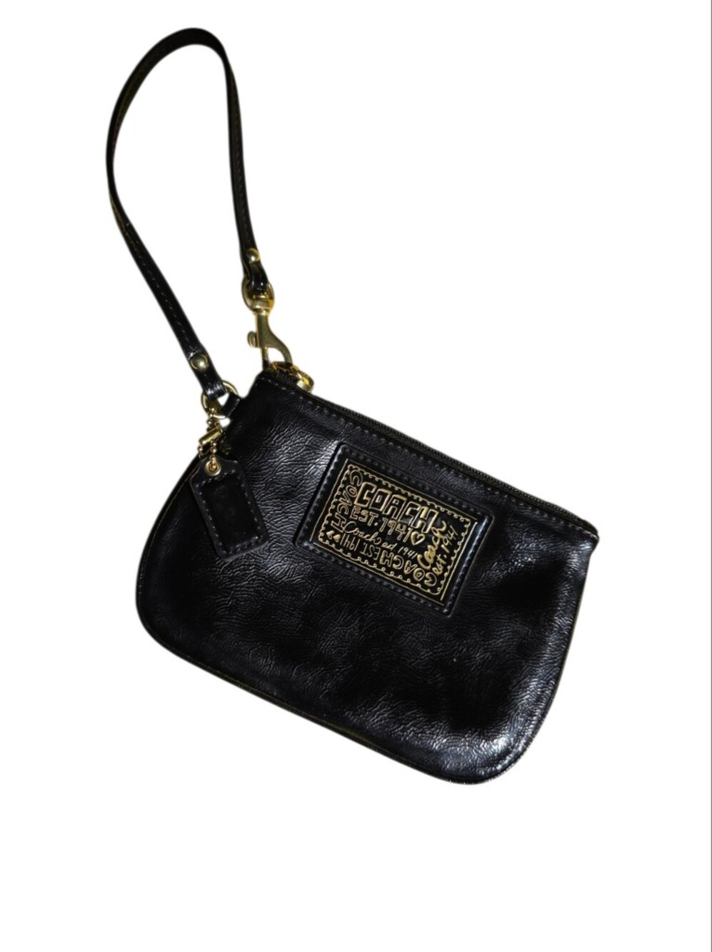 Coach Poppy Black Leather Wristlet with Gold Logo Plaque